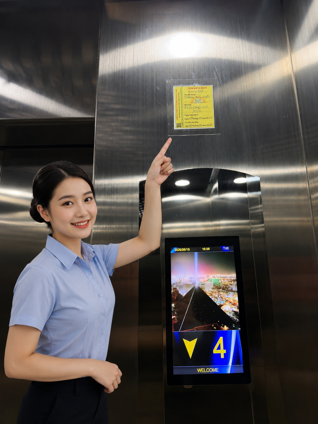 Nhân viên nữ chỉ tay vào tem kiểm định thang máy bên cạnh màn hình hiển thị tầng số 4